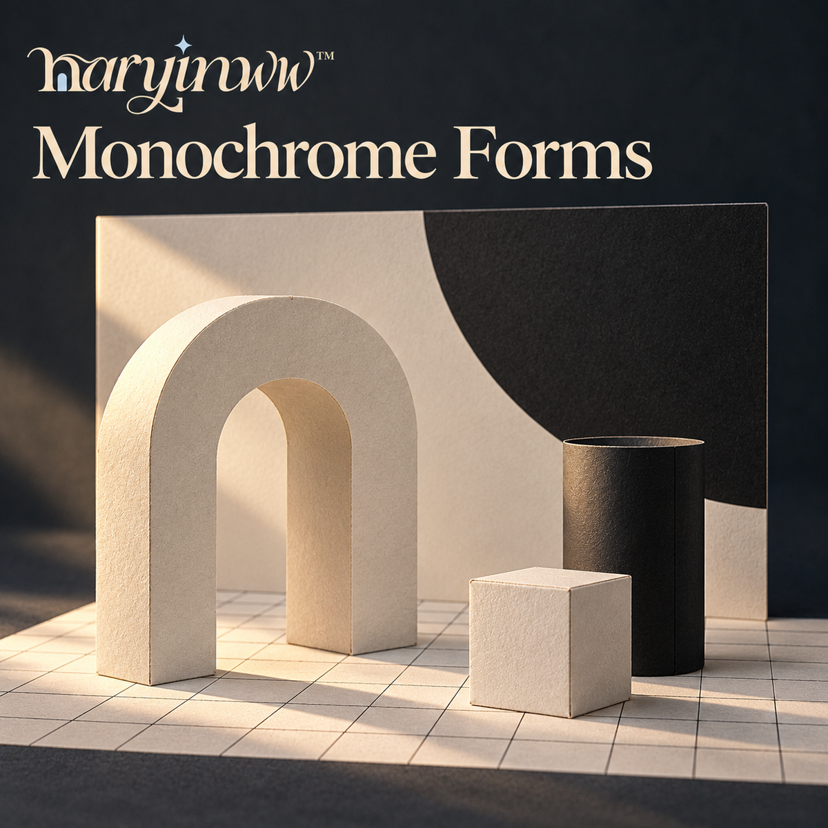 naryinww™ Monochrome Forms Printable Product Photography Kit — Black and White Mini Backdrops, Geometric Paper Props & Tabletop Styling