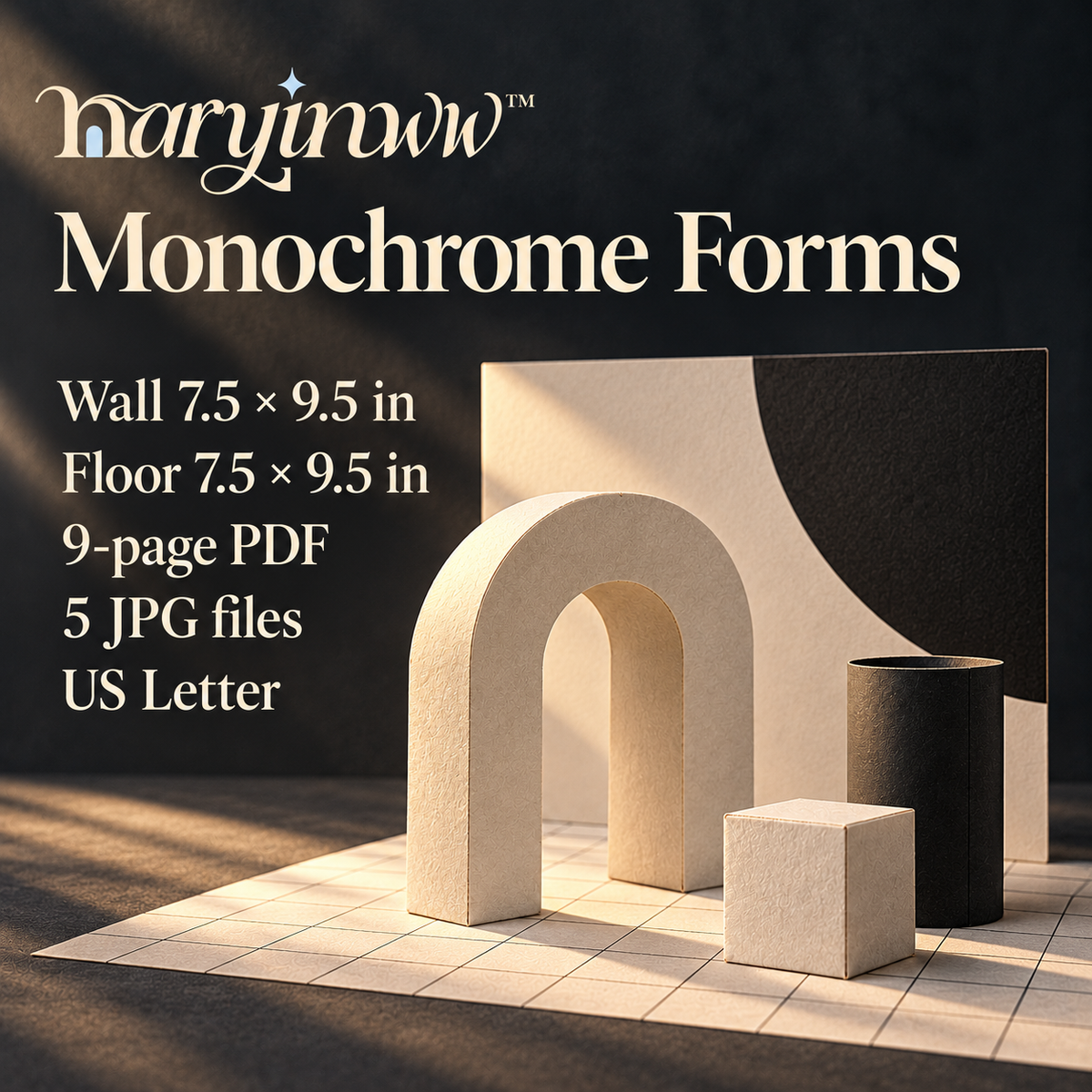naryinww™ Monochrome Forms Printable Product Photography Kit — Black and White Mini Backdrops, Geometric Paper Props & Tabletop Styling