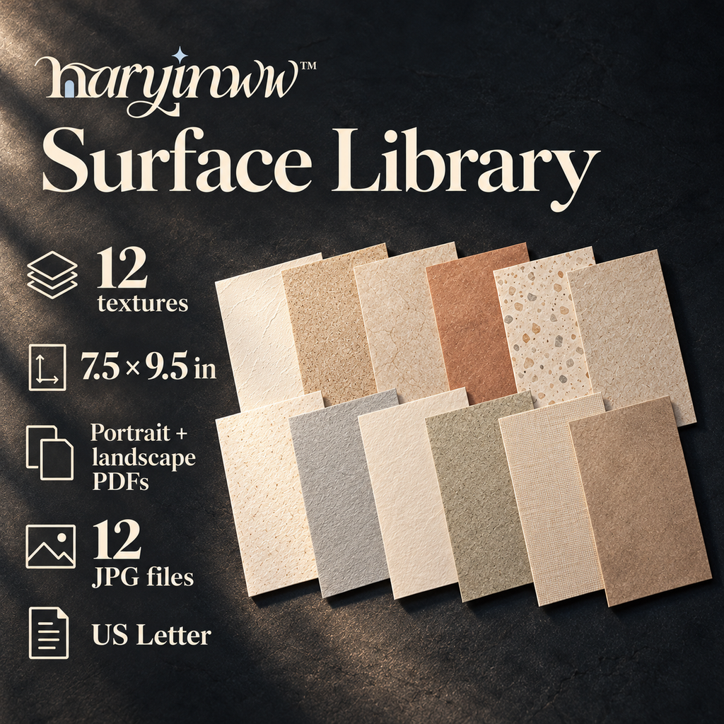naryinww™ Surface Library Printable Photography Backgrounds — 12 Neutral Texture Papers, Mini Product Backdrops & Flat Lay Surfaces
