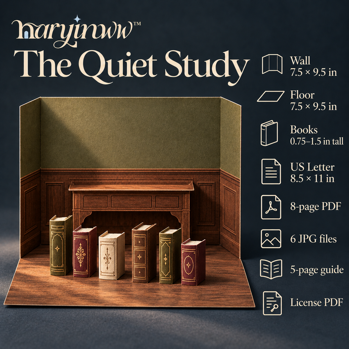 naryinww™ The Quiet Study Printable Mini Photo Backdrop — Walnut-Look Library Scene, Paper Book Props & Stationery Photography