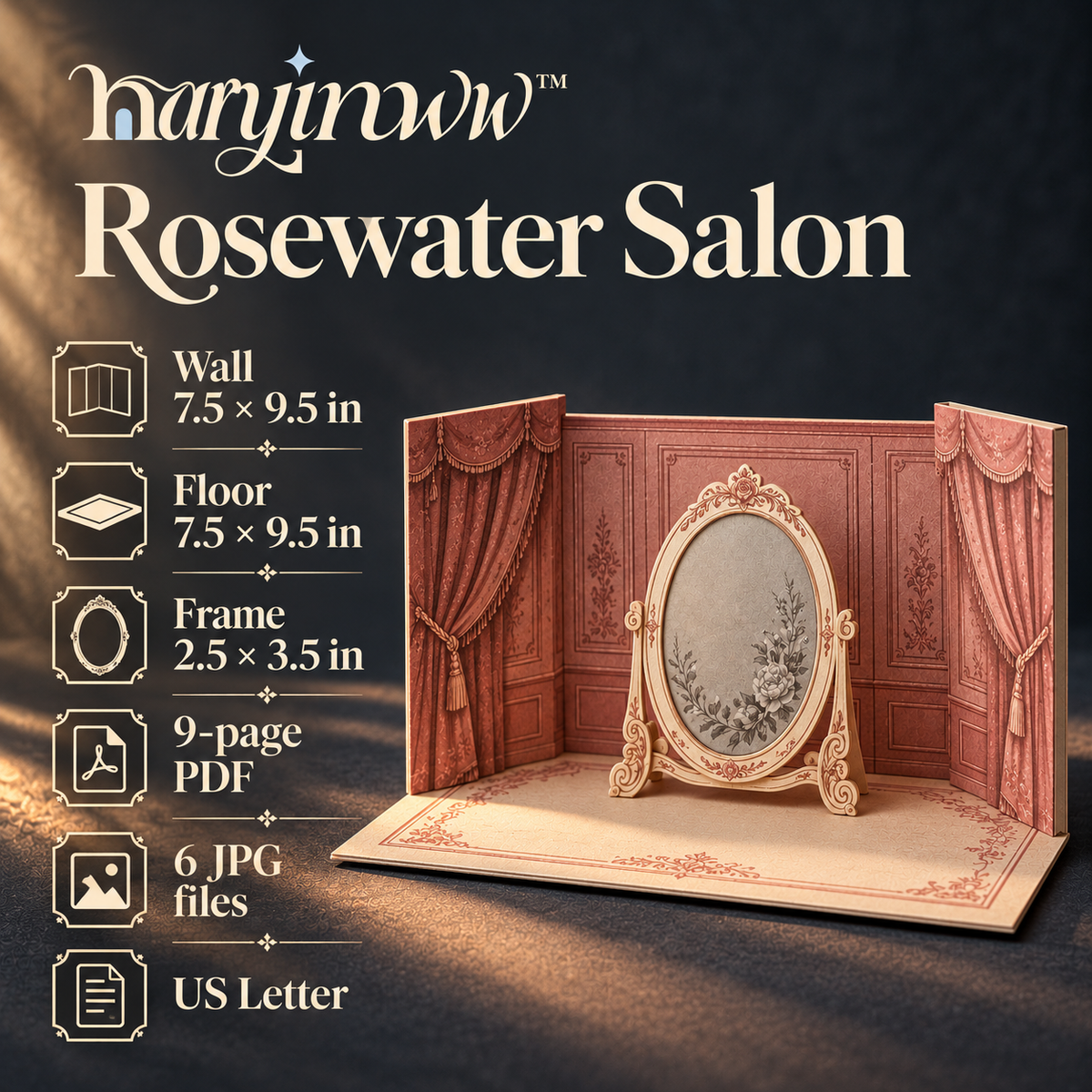 naryinww™ Rosewater Salon Printable Mini Photo Backdrop — Curtain-Look Paper Scene, Vanity Frame & Beauty Accessory Photography