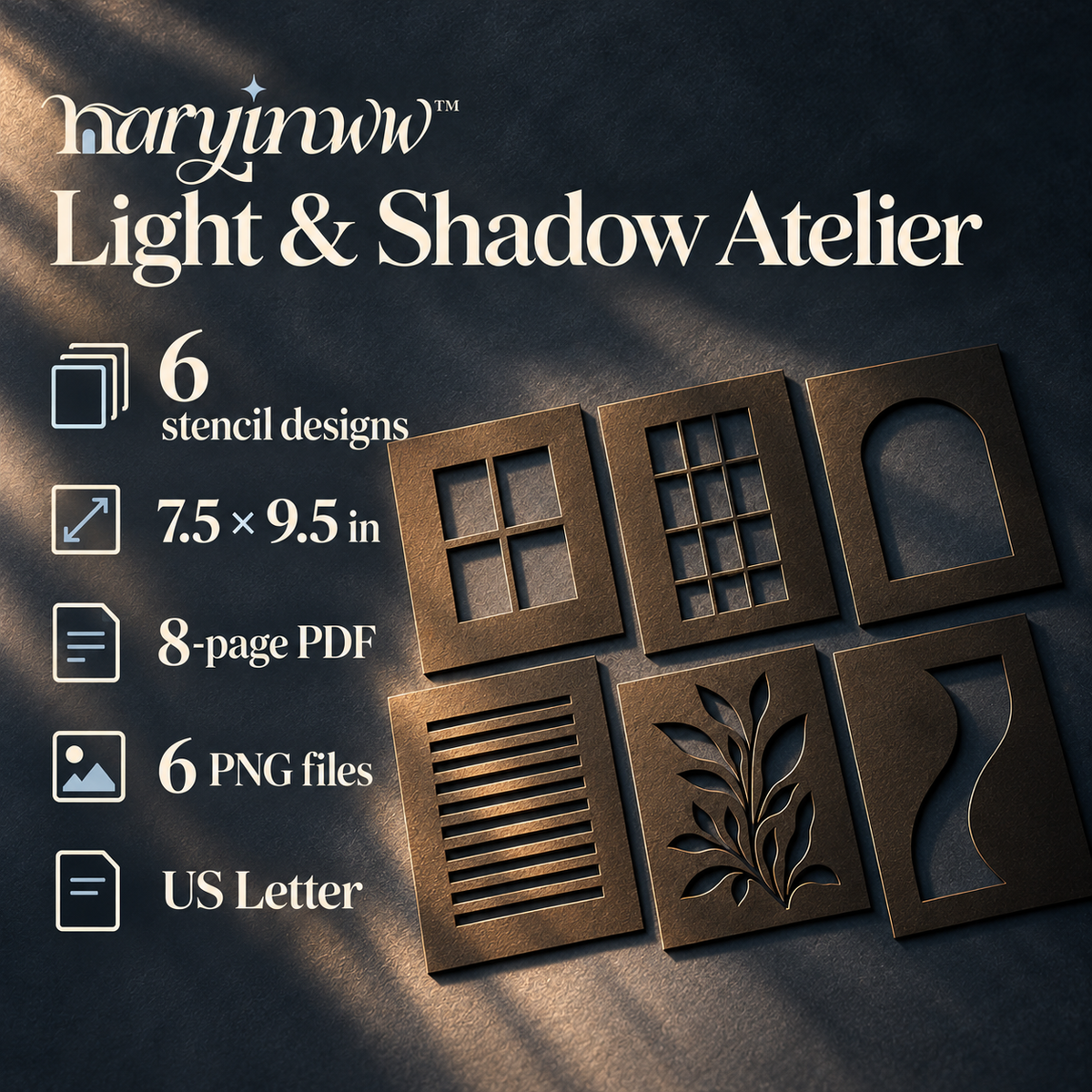 naryinww™ Light & Shadow Atelier Printable Shadow Stencils — Window, Arch & Botanical Patterns for Small Product Photography