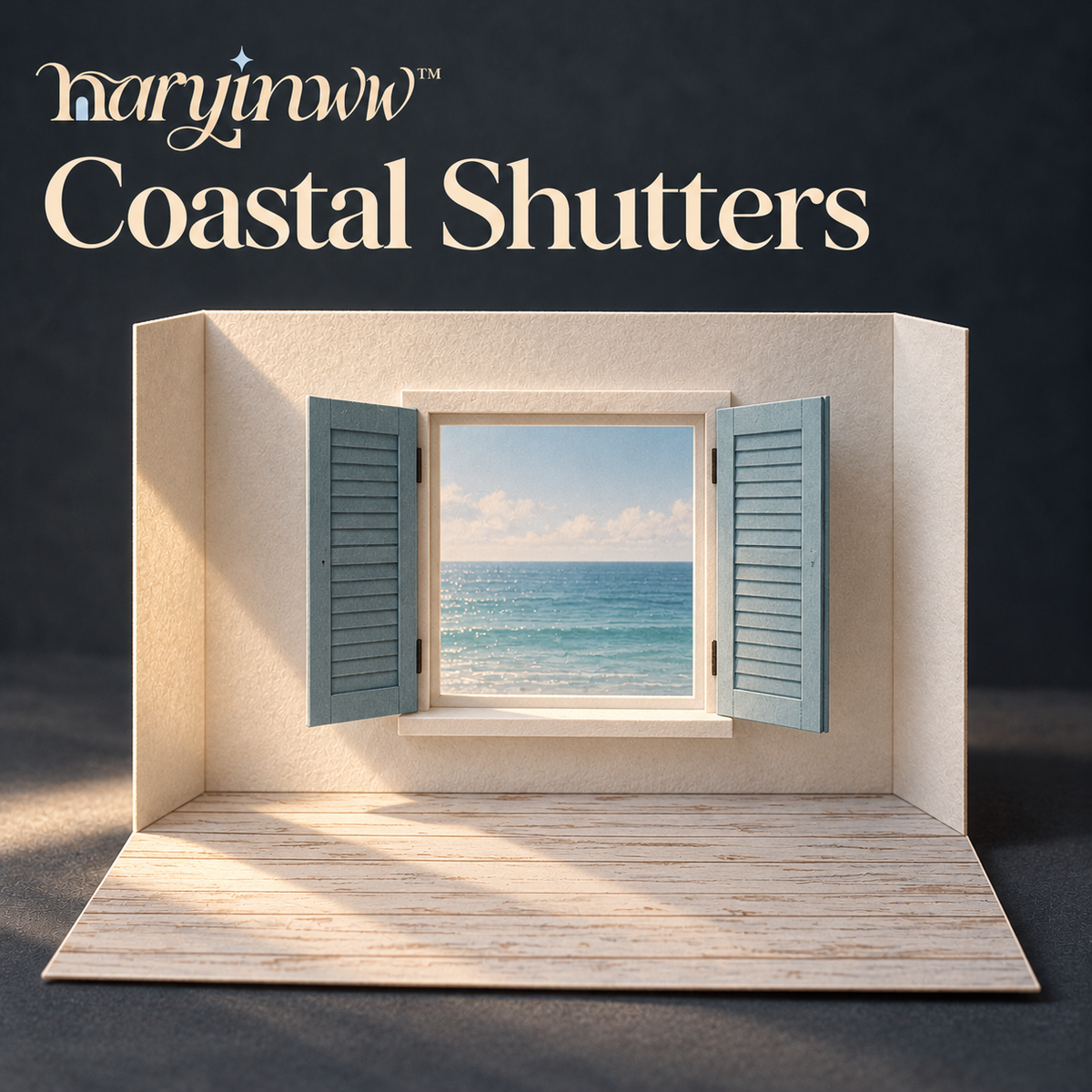 naryinww™ Coastal Shutters Printable Photography Backdrop — Mini Seaside Window Scene, Paper Shutters & Jewelry Styling Kit