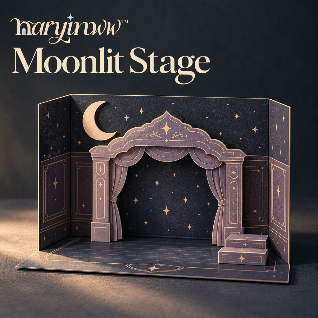 naryinww™ Moonlit Stage Printable Mini Photo Backdrop — Celestial Photography Scene, Moon Cutouts & Paper Stage Props