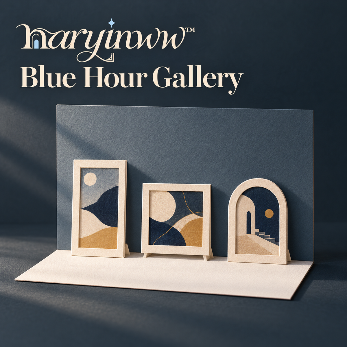 naryinww™ Blue Hour Gallery Printable Mini Photography Backdrop — Art Gallery Scene, Frame Cutouts & Jewelry Product Photo Kit