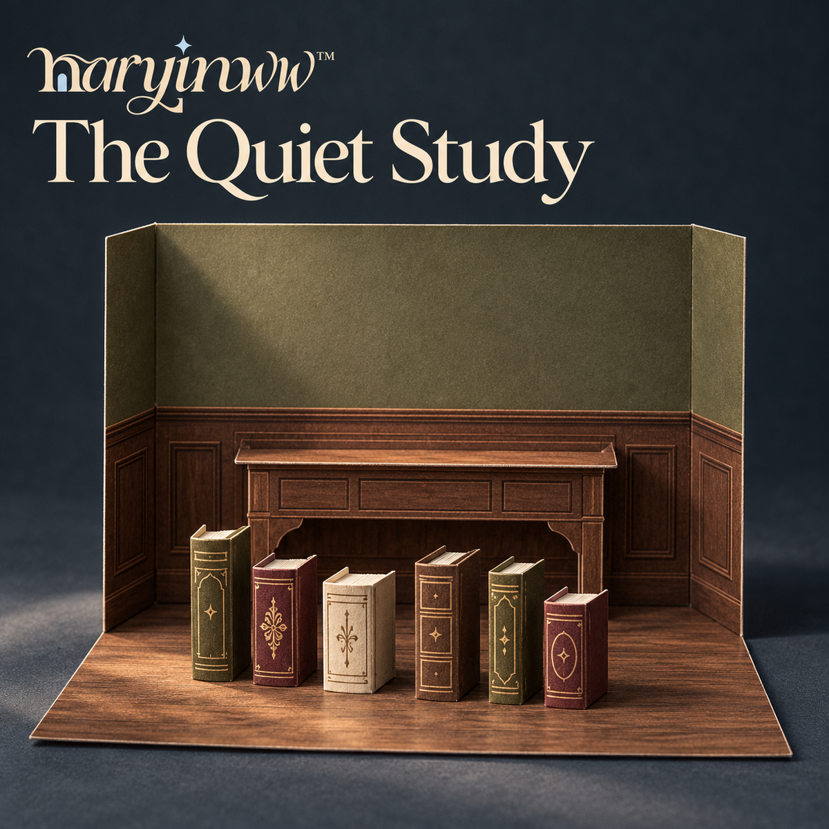 naryinww™ The Quiet Study Printable Mini Photo Backdrop — Walnut-Look Library Scene, Paper Book Props & Stationery Photography