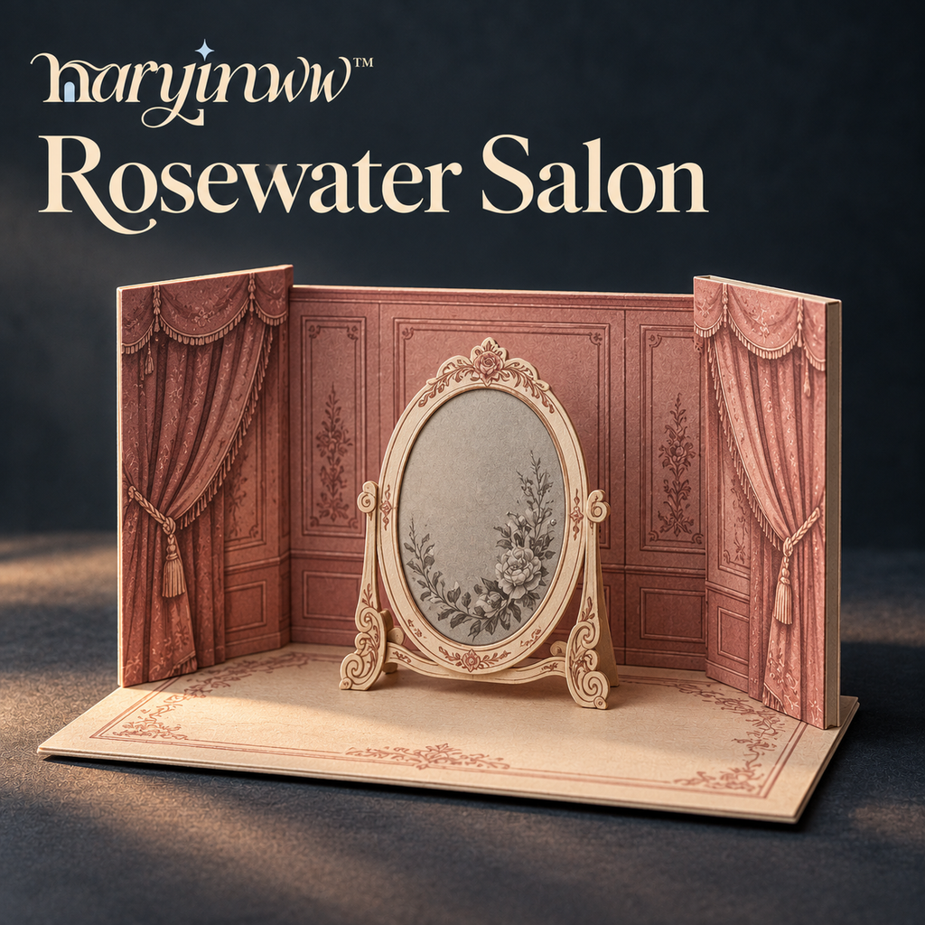 naryinww™ Rosewater Salon Printable Mini Photo Backdrop — Curtain-Look Paper Scene, Vanity Frame & Beauty Accessory Photography