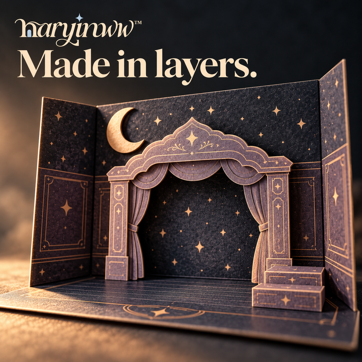 naryinww™ Moonlit Stage Printable Mini Photo Backdrop — Celestial Photography Scene, Moon Cutouts & Paper Stage Props