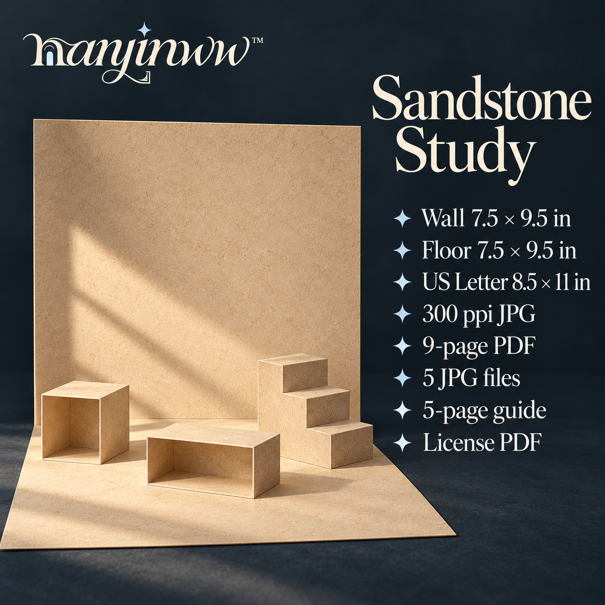naryinww™ Sandstone Study Printable Product Photography Kit — Stone-Look Mini Backdrops, Paper Plinth Templates & Jewelry Styling