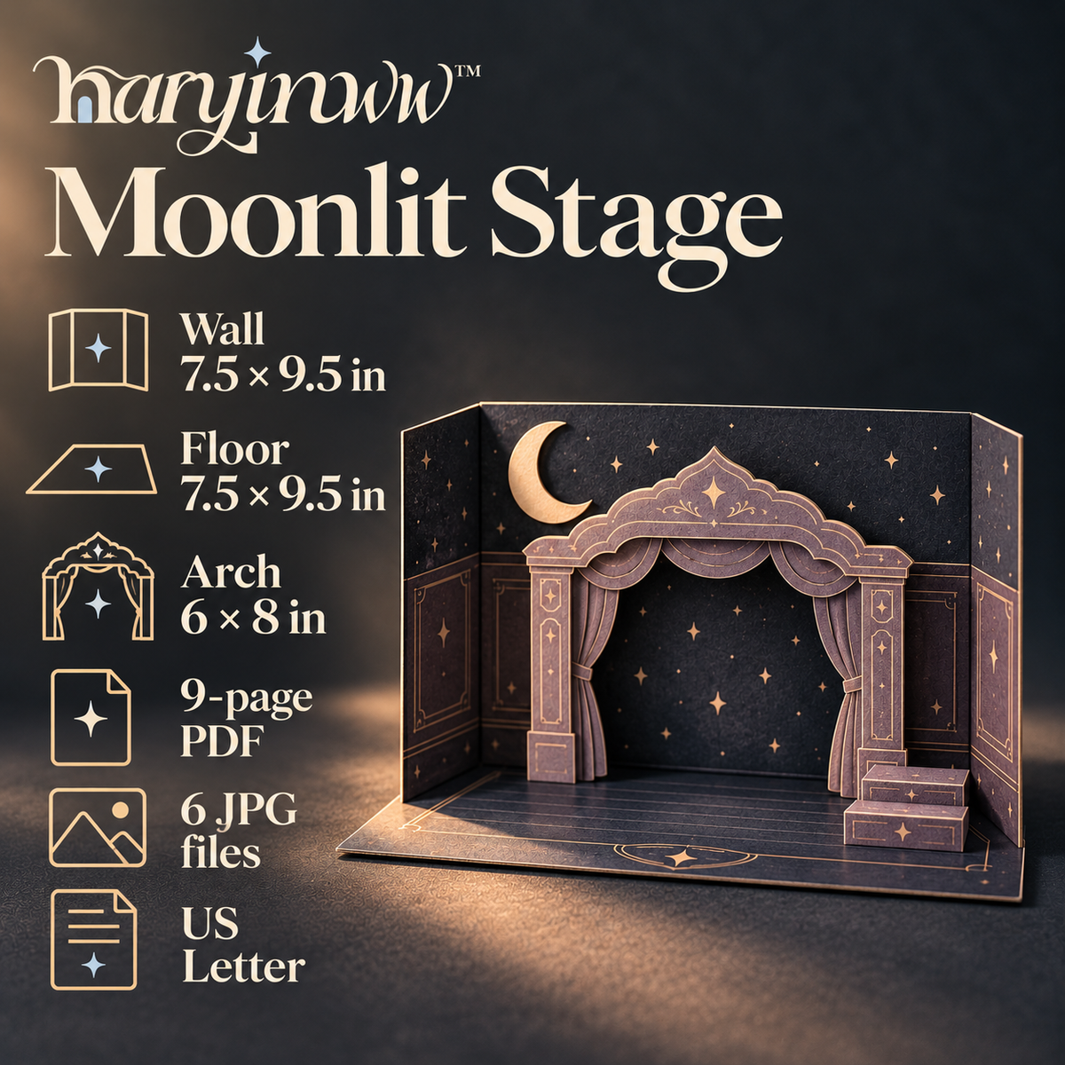 naryinww™ Moonlit Stage Printable Mini Photo Backdrop — Celestial Photography Scene, Moon Cutouts & Paper Stage Props