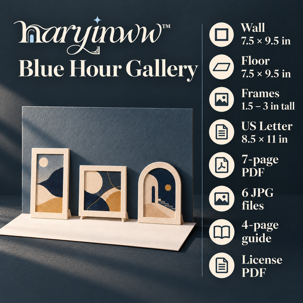 naryinww™ Blue Hour Gallery Printable Mini Photography Backdrop — Art Gallery Scene, Frame Cutouts & Jewelry Product Photo Kit