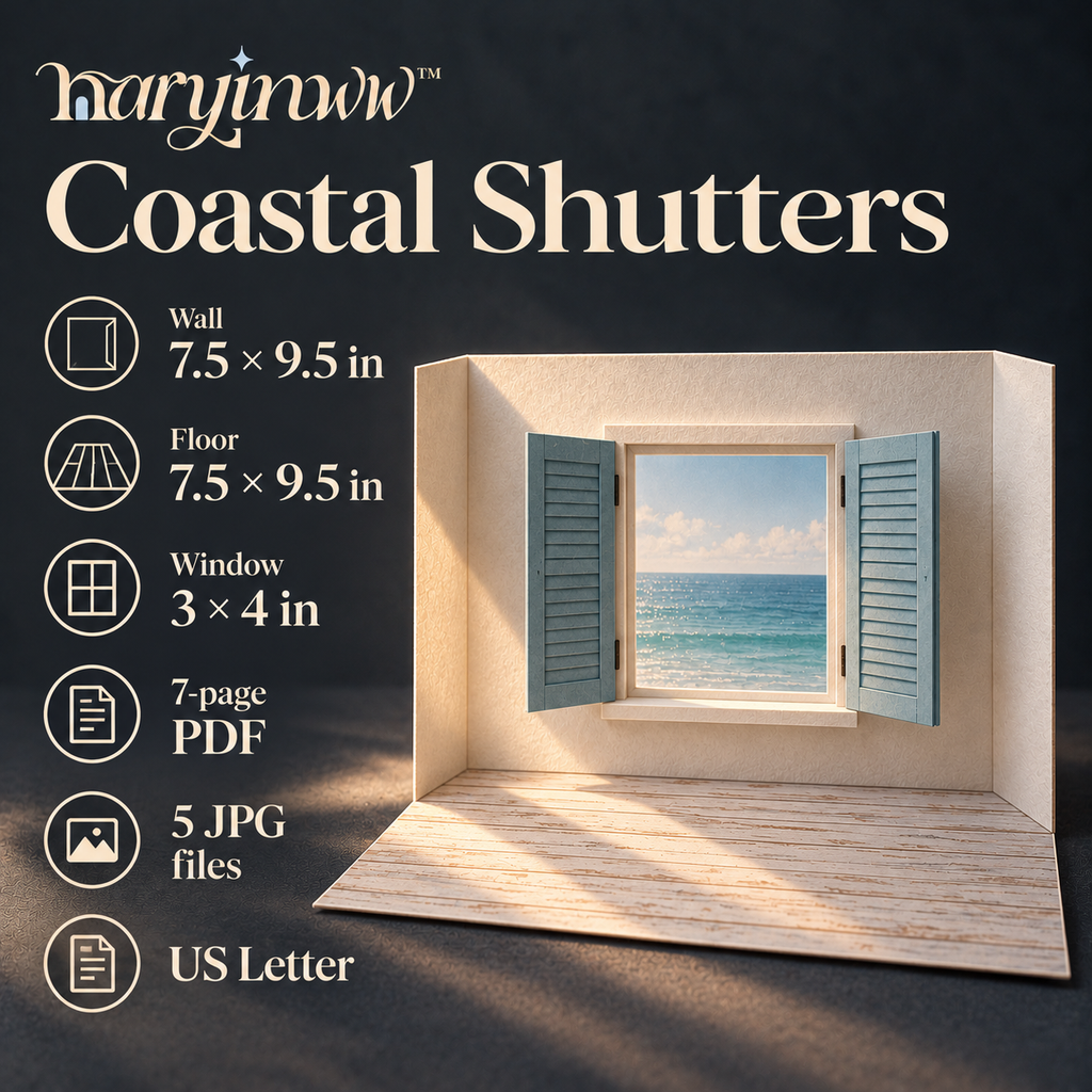 naryinww™ Coastal Shutters Printable Photography Backdrop — Mini Seaside Window Scene, Paper Shutters & Jewelry Styling Kit