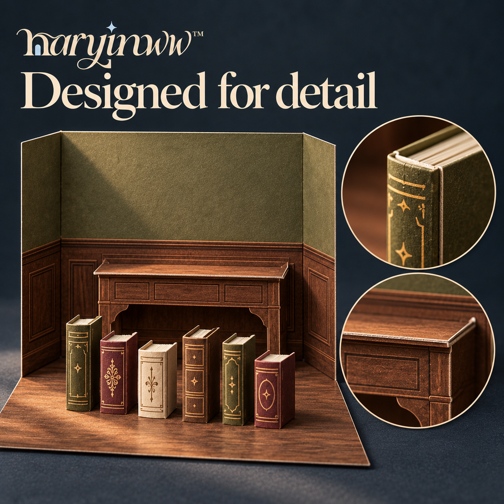 naryinww™ The Quiet Study Printable Mini Photo Backdrop — Walnut-Look Library Scene, Paper Book Props & Stationery Photography