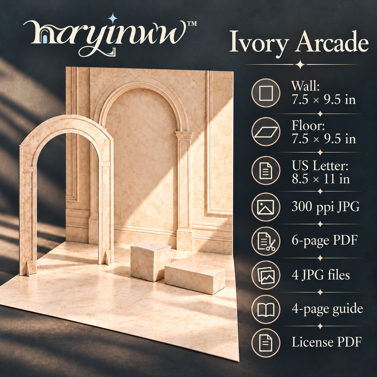 naryinww™ Ivory Arcade Printable Mini Photo Backdrop Kit — Architectural Arch, Jewelry Photography & DIY Tabletop Scene